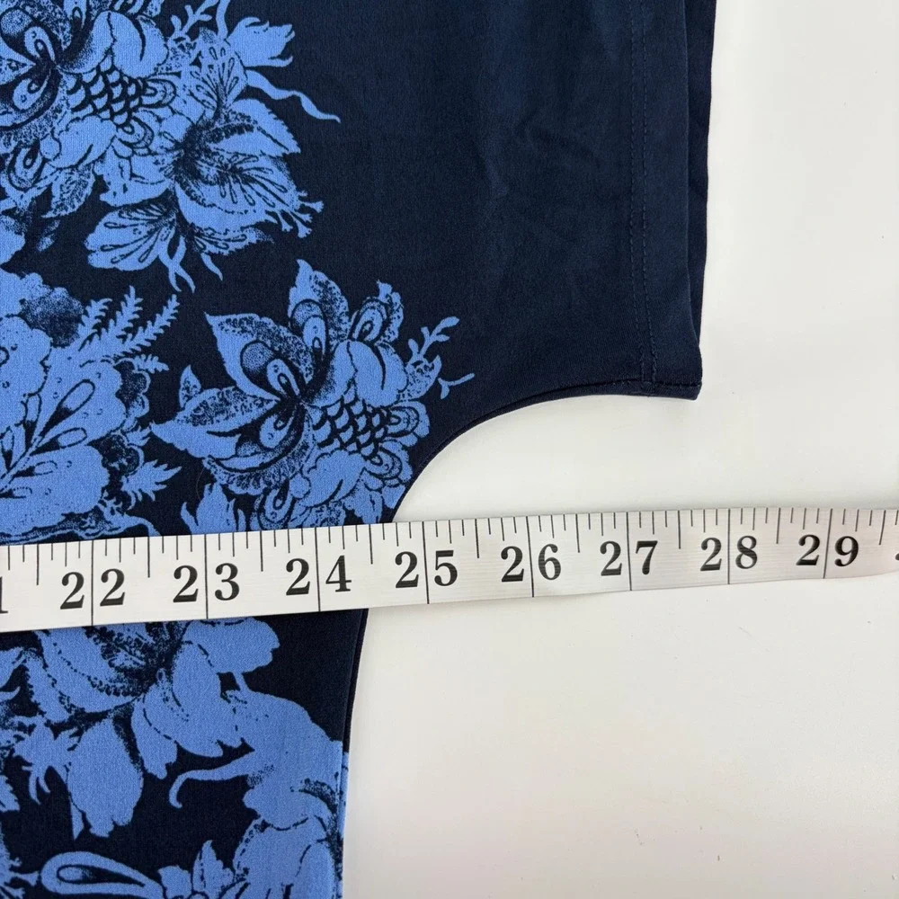JM Collection Womens L‎ Blue Floral Mosaic Top Split Sleeve V-Neck Blouse NEW